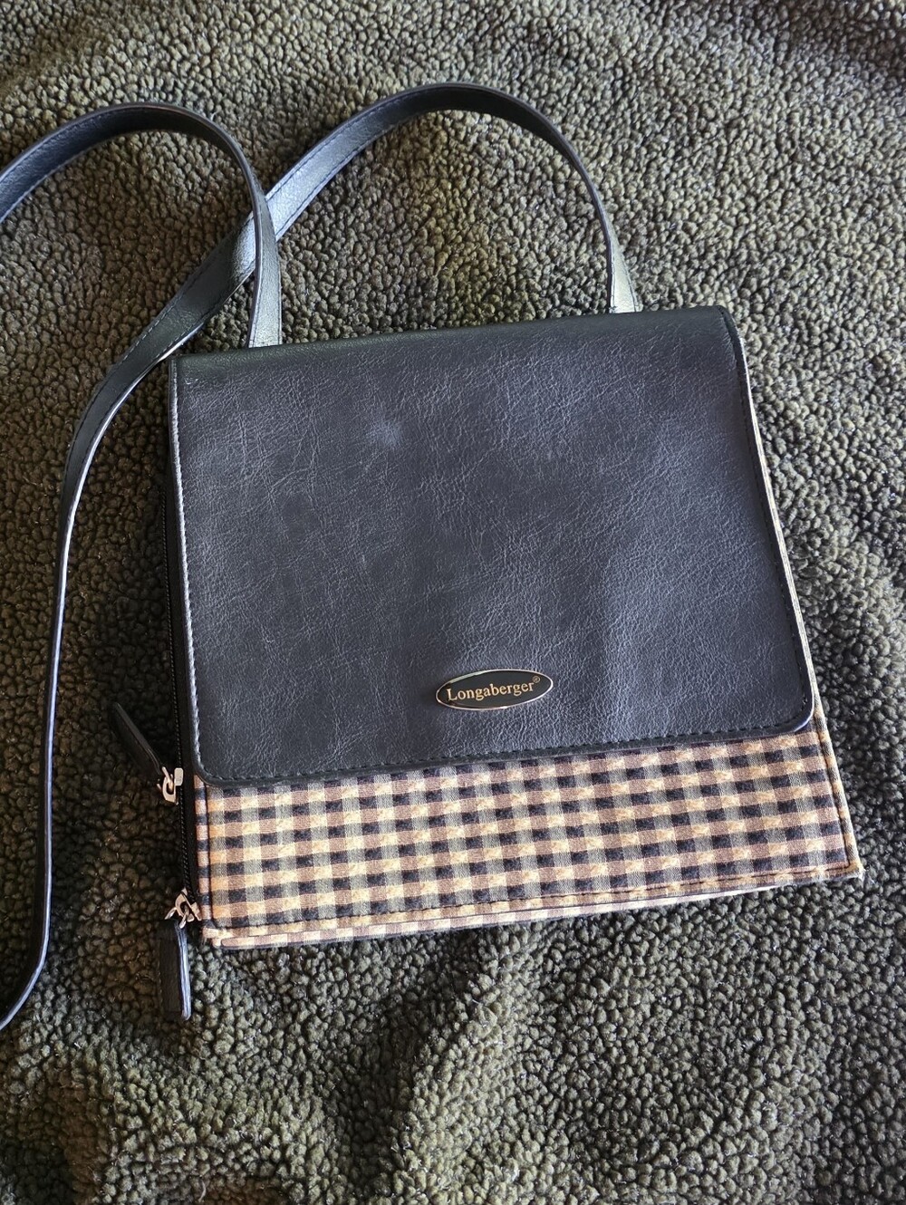 Longaberger Black Leather & Plaid Crossbody Bag